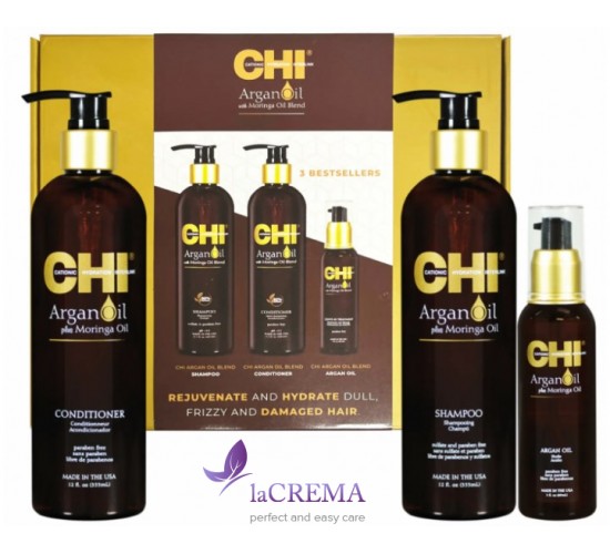 CHI Argan Oil Набір: Відновлюючий шампунь 355 мл + кондиціонер, 355 мл + олія, 89 мл
