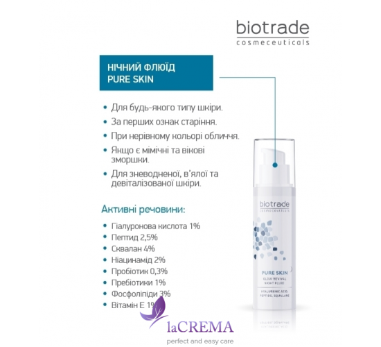 Biotrade Pure Skin Нічний омолоджувальний флюїд з гіалуроновою кислотою і пептидами, 50 мл